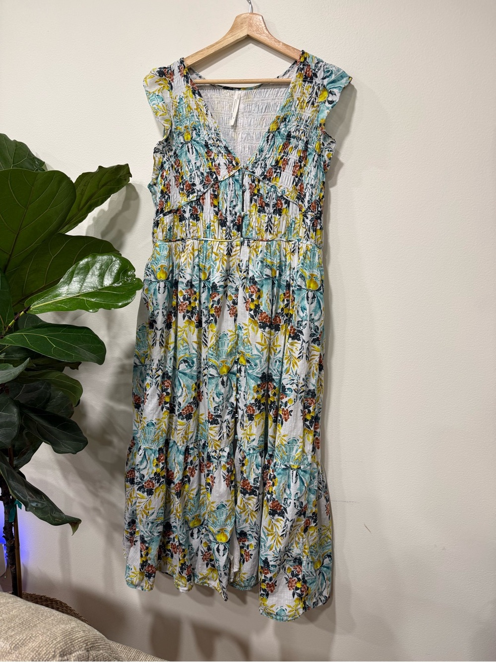 Anthropologie Peregrine Aqua Floral Midi Dress with Yellow and Green